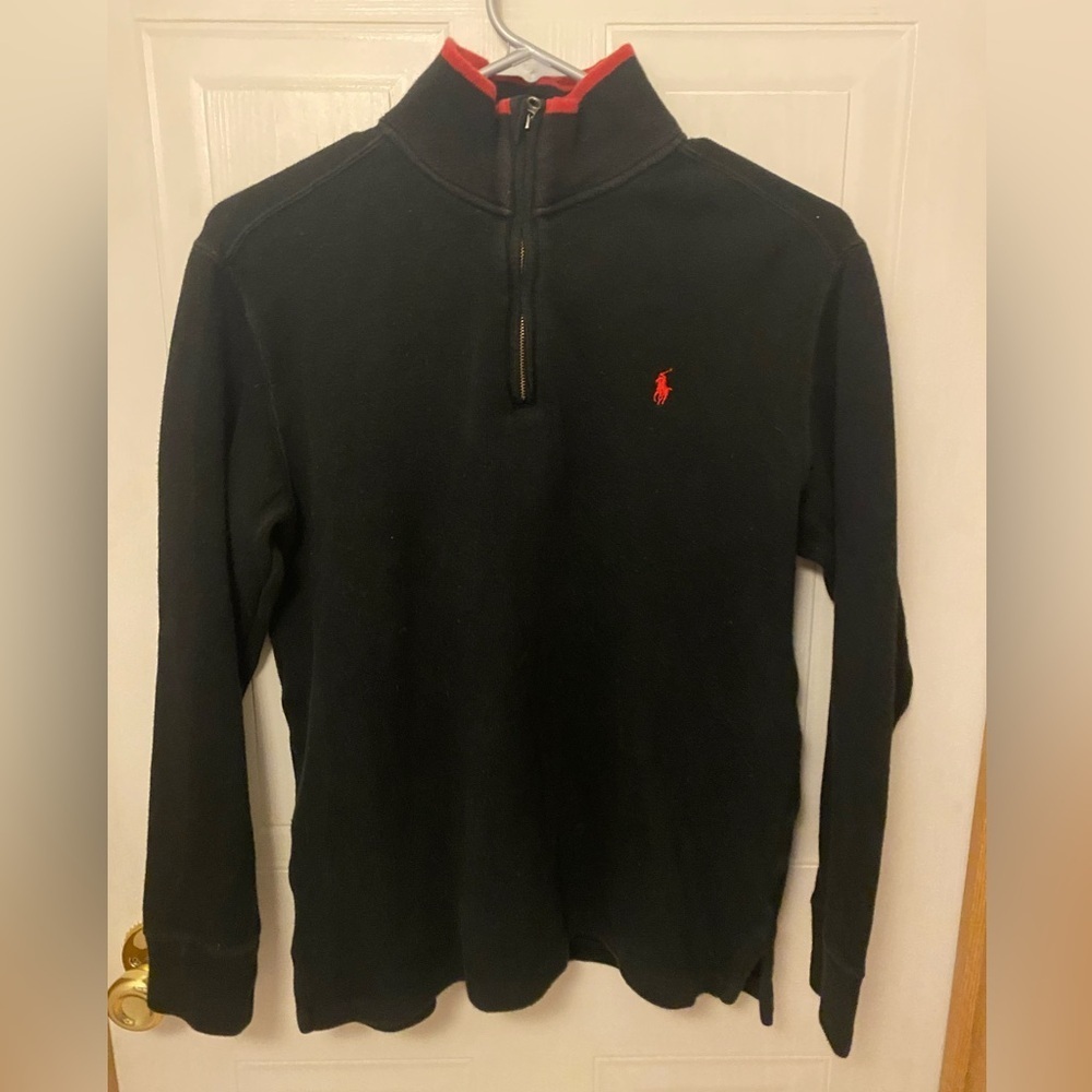 Polo by Ralph Lauren Boy’s Quarter Zip-Up Sweater in Black and Red YL 14-16